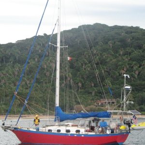 Our steel cruiser \"Audacious\" that I rebuilt everything from stem to stern over 4 years about to anchor off Chacala north of Puerto Vallarta Mexico 2014.  My first solar system, 300 watts ran the boat.