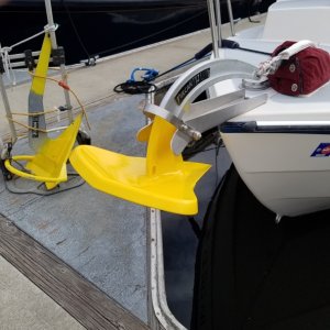 Media 'We just put on a Rocna Vulcan 25 in place of our old roll bar Rocna 22 the shorter shank pulls up tight on the roller and like the old Spade we loved on our big sailboat it has a weighted tip and if is anything like the Spade it will have a neck snapping set. We also changed over the gypsy to take the 50' of 5/16 g4 chain and 200' of 9/16 8 braid nylon off the Ranger Tug, we have seen gusts at times in the Sea of Cortez in the 85 mph range and one night in Lake Mead when the wind never dropped below 35-45 knots, in a small cove 15 feet off the lee shore rocks. We have seen a good sized sailboat go on the rocks behind us so we are happy to have always been "over anchored " Our Spade was yellow and easy to see on the bottom, always copy that now.' in album 'The big red rig,
1 ton diesel, perfect for the R25 Tug but overkill for a CD 25 but decent towing mileage (between 12 and 16 depending on the terrain) and will crest any pass at the speed limit (900 ft lbs of torque)and only need the exaust brake all the way down.(heavier duty trucks may have the same engine power as lighter dutys but have WAY more powerful brakes, and on this truck I have seen up to 90hp of exaust brake hold back and will hold us to under 60mph on the steepest downgrades with the CD25) also only the 1 ton comes with the Aisin trans that won't overheat when towing.'
