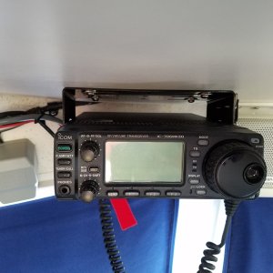This hot little Icom 706 MK III G transmits at 100 watts on any ham, ssb marine and many other frequencies including VHF. It also has great AM reception and is so much more compact than our previous 802.