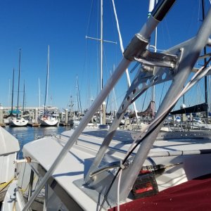 I fabricated an aluminum \"boom crutch\" so we can partially lower the 21\' high HF antenna so it will be more secure while motoring
