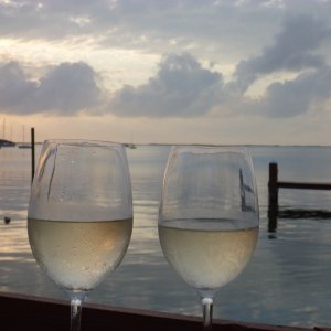 Media 'A couple Pinot Grigio's three dollars each, not bad stuff. I think it was the Barefoot brand Can't beat it with a stick. Photo taken from Snooks Bayside' in album 'Low mileage cream puff in Marathon. Check out the conch style decor on the bow of this unit.'