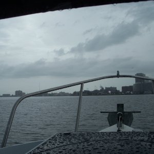 Norfolk, VA at ICW mm 000. Normally busy waterway absent of any boats other than us due to storm and tornado warnings. We are looking for a place to hide for the night.