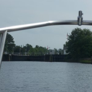 Anchored overnight at Deep Creek Lock, north end of Dismal Swamp Canal, awaiting first of 2 morning openings