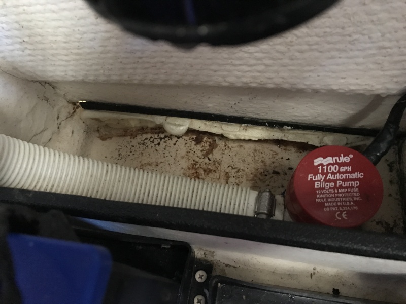 1,100 gph bilge pump in sump in galley counter cabinet.