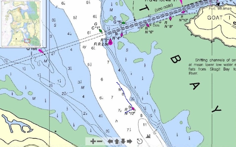1.9 feet of water just northwest of the bouy next to the "9" sounding.  We polished the prop tips and had to tilt the motors to get out of there.  Felt like a sand bar but the water was too cloudy to see the bottom less than two feet down.  Gotta love shallow draft boats.