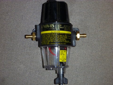 10 micron fuel filter water separator with water drain inlet can be switched to either size compact size, have one replacement filter neither item was ever used. $50 for the unit 10 dollars for replacement filter 9" high 4" wide body, about 6" from nipple to nipple