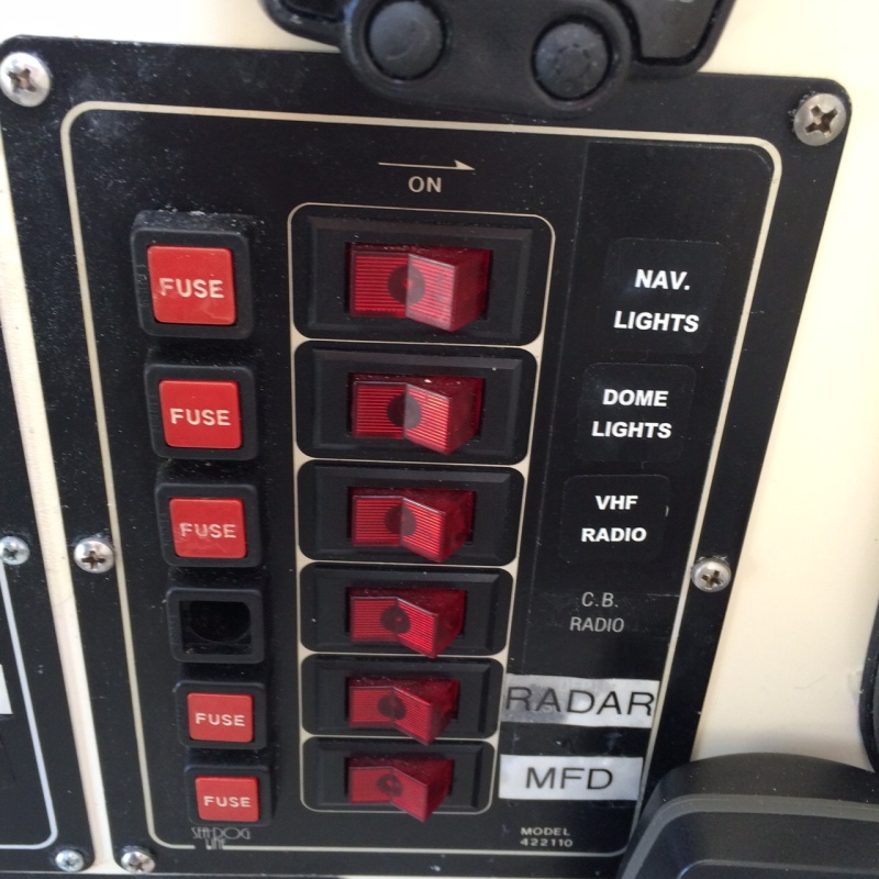 12 V DC seadog fused panel with switches.  CB radio position is not functioning.  MFD stands for "multifuncional Display".