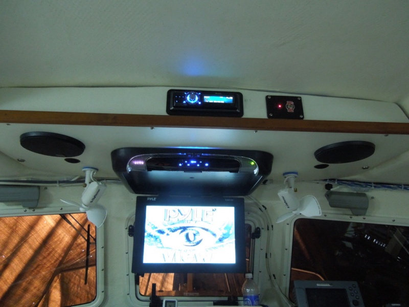 17? flip-down DVD player replaces the one that came with the boat, it failed the second time we tried to use it.   2 wire hookup, FM transmit, 2 wireless headphones, about 225.00 off Amazon.