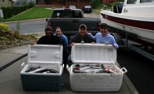 2 hours and a few bruised limbs later we had the priviledge of hiking through brown bear country with 100 lbs of fish. Cleaned on the boat ride home.