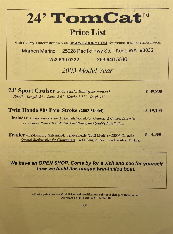 2003 TomCat 24, price sheet p1