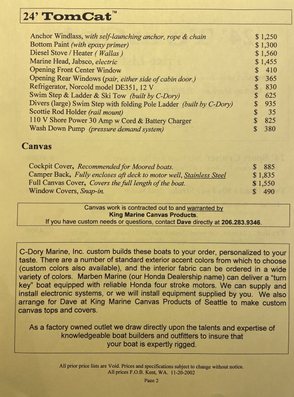 2003 TomCat 24, price sheet p2