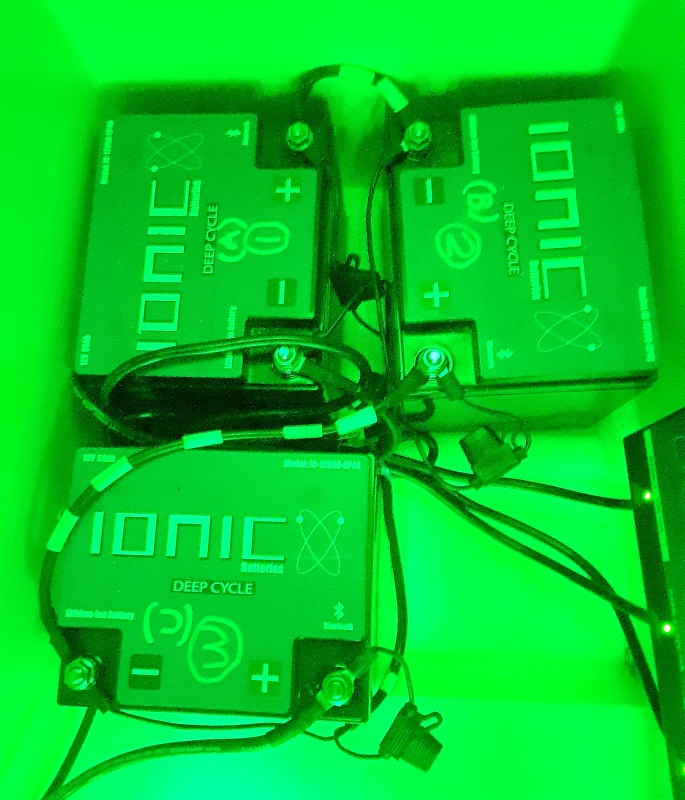 3 Lithium Ion batteries to power Motorguide trolling motor. Onboard charger barely visible to the right.