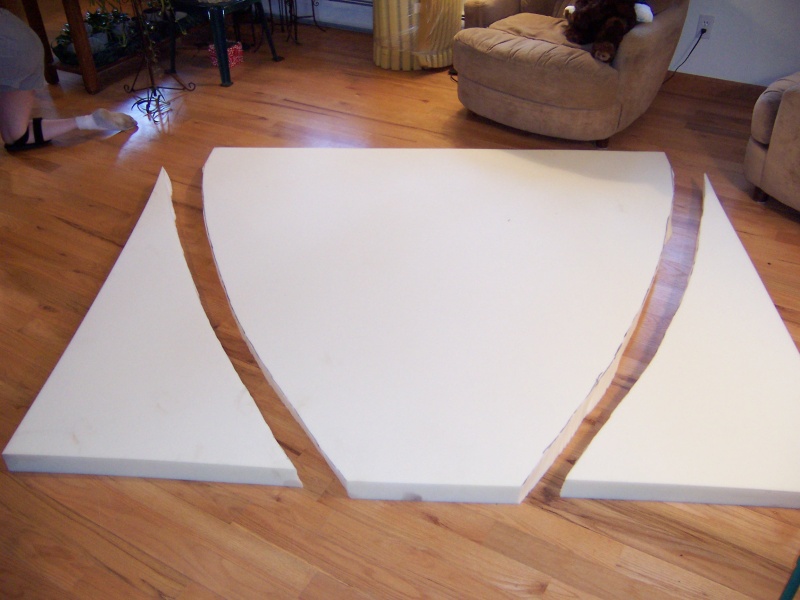 3" Serta memory foam cut to fit cushion cover with bread knife.