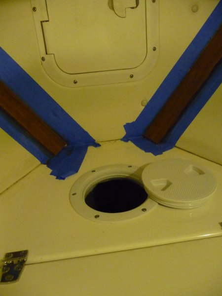 6" Access hatch to stem. 
At the time the picture was taken I was finishing the last of 4 coats of Clear Satin 1100 Varathane on all the teak inside the Cabin and Cutty. Blue Painters Tape - Good Stuff.