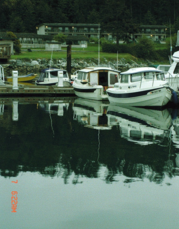 7 May 2005 At Lopez Island: C-Dory reflections - Bambina, Rock-C & R-Matey