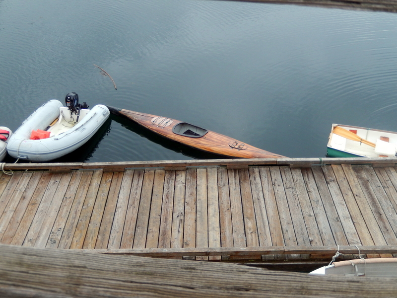 A classic wooden kayak at the dinghy dock in Friday Harbor marina