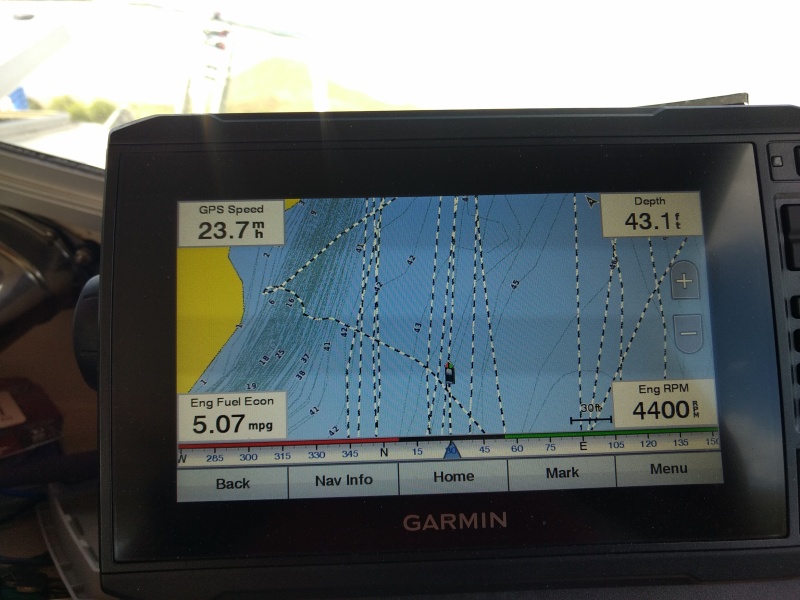 A shot of Desert Dory's best "at speed" cruise speed.

When conditions allow, I've found this to be the most economical "fast cruise". Slower, around 18 mph, gets me around 4 mpg. This was the case on our Powell trip too.

We almost hit the 100 hour mark (98 hours) on our engine on this trip too. 38 hours on it when we bought it almost a year ago.