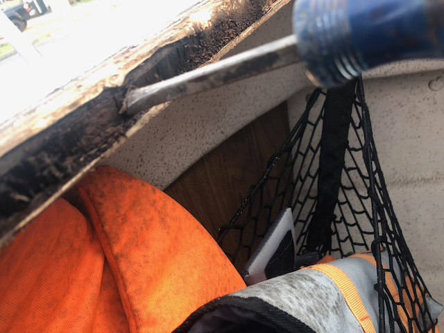 About 3 inches of damage to coring forward. Screwdriver sinking in to coring nicely.