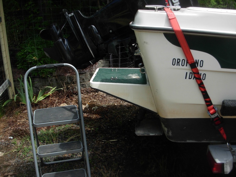 Access from ground.  We tried several methods of getting in the boat when "boater-homing" but none worked well with my wife's short legs.  Finally this step stool and the swim step worked best.  See next photo on the necessary "bridge".