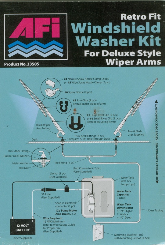AFI Washer Kit.
The tubing, mounting clips and spray nozzles are for the 'single' Deluxe Style Wiper Arms. A single independent push button switch is used for both wiper arms.
The Pantographic arms have the spray nozzles built into the arm, as shown in the earlier pixs. I saved the older single arms and used the water tank, etc.,with the replacement pantographic arms.