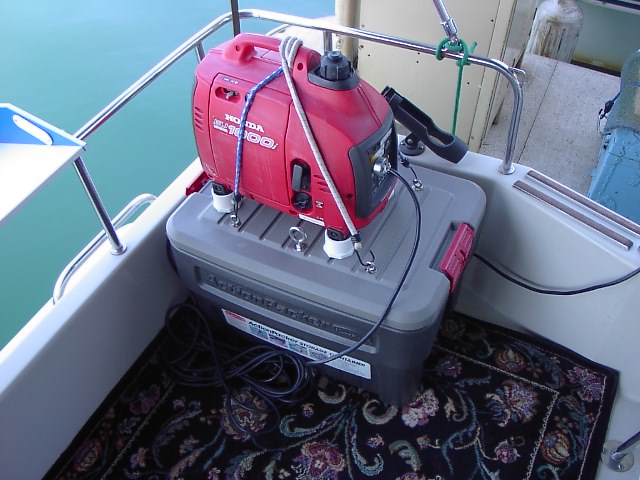 All bungeed down and ready to run on box. Will normally be used on swimstep where carbon monoxide is less likely to get back into cabin. I have a  CO alarm in my cabin.