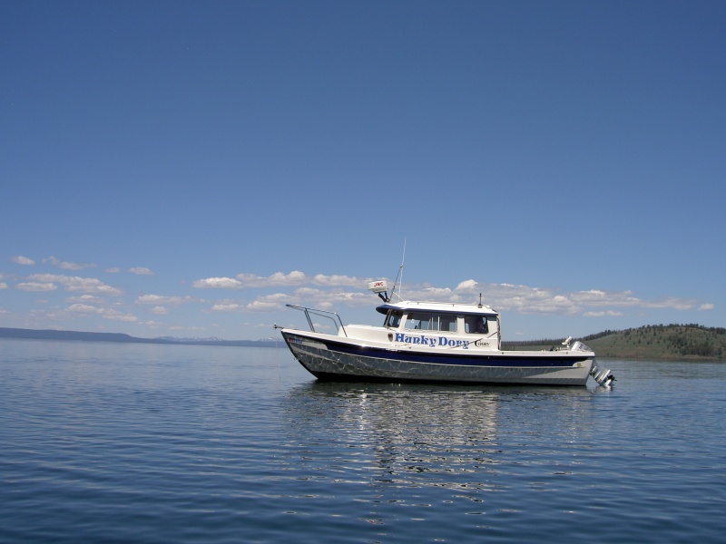 anchored off Promatory Point looking north up Yellowstone Lake