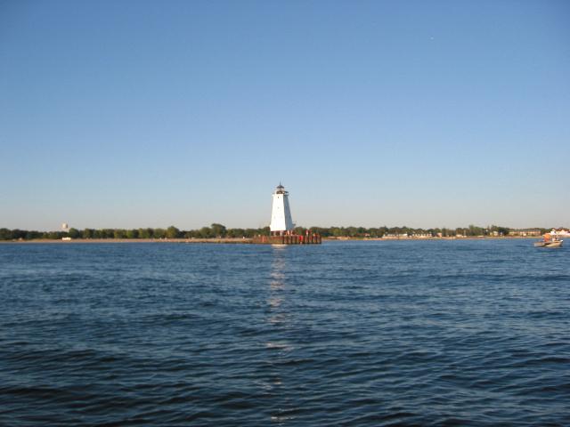 Approaching Ludington Harbor at sunset.