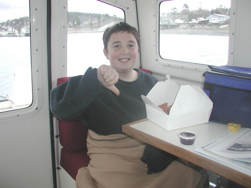 Austin, Not a Happy Camper After MOB Drill, Lopez Island, 3-23-03