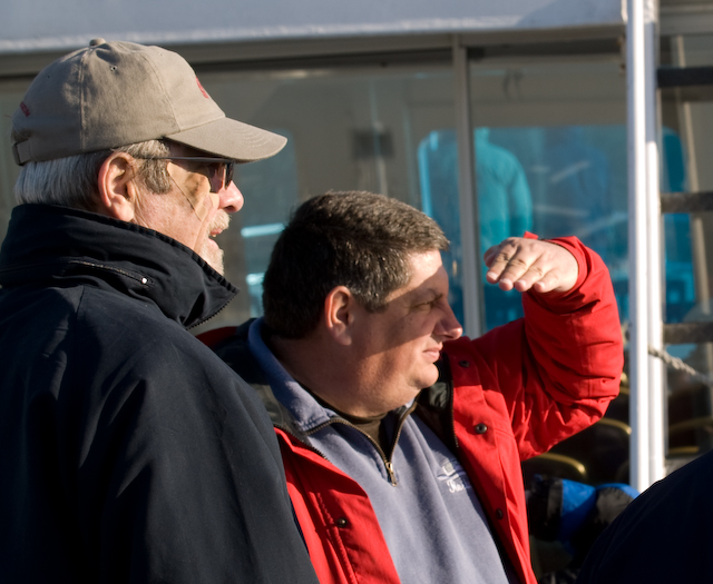 Barry and Byrdman watch Lizzie buzz the lock cruise boat.