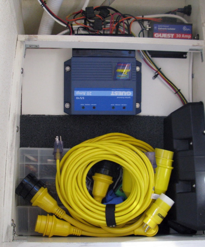 battery charger, galvanic isolator, shore power cables and adapters