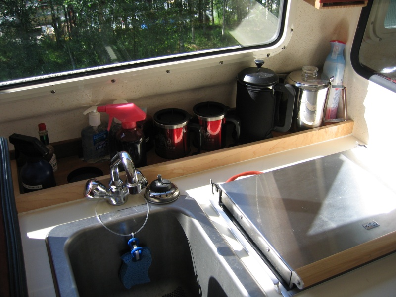 Behind the sink/Wallas storage.