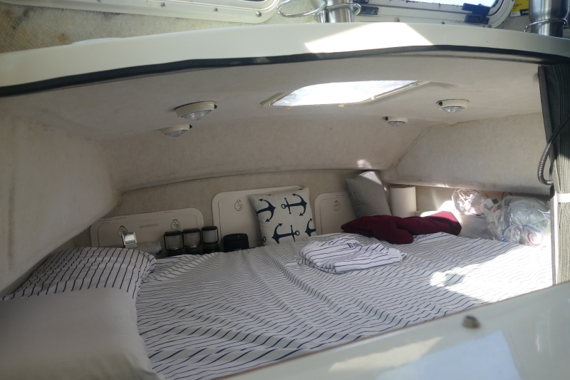berth on night 36 on boat.  The 2 clear bags at right hold all our clothes for 6 weeks except jackets and raincoats.  Laundry at marinas every 4-5 days.