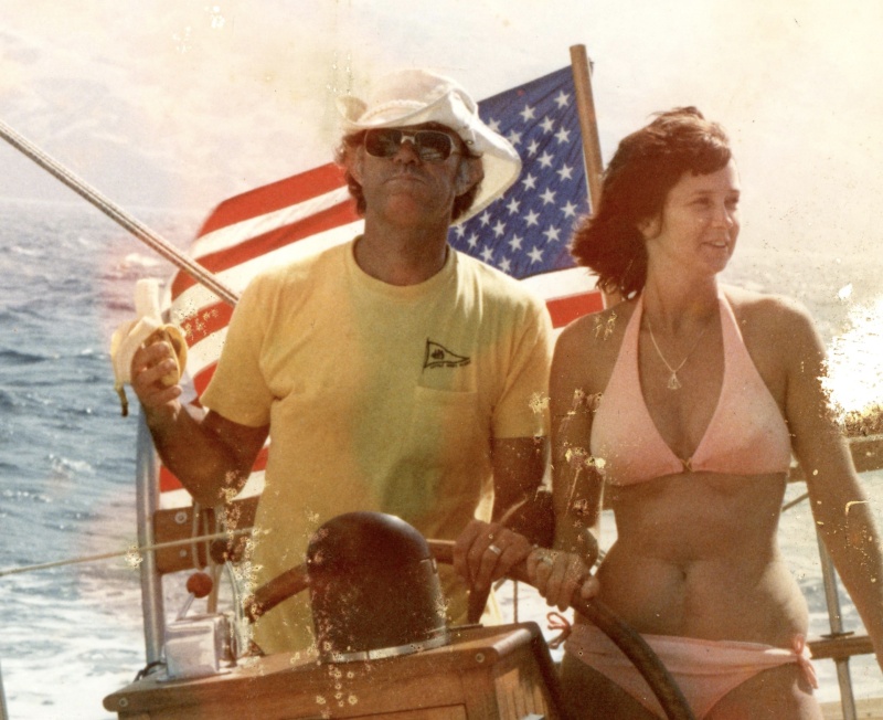 Bob and Marie at the Helm of their 62 foot Ketch "Locura"--with Banana in hand!  This was taken just before they set sail for Europe in 1982