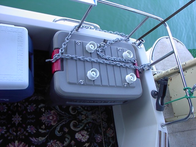 Box has four padlocks and 10 feet of 1/4" GS-40 High Test chain. The chain can lock the box down to anything solid  for storage, and can also lock the generator and box down together with the generator on top running.