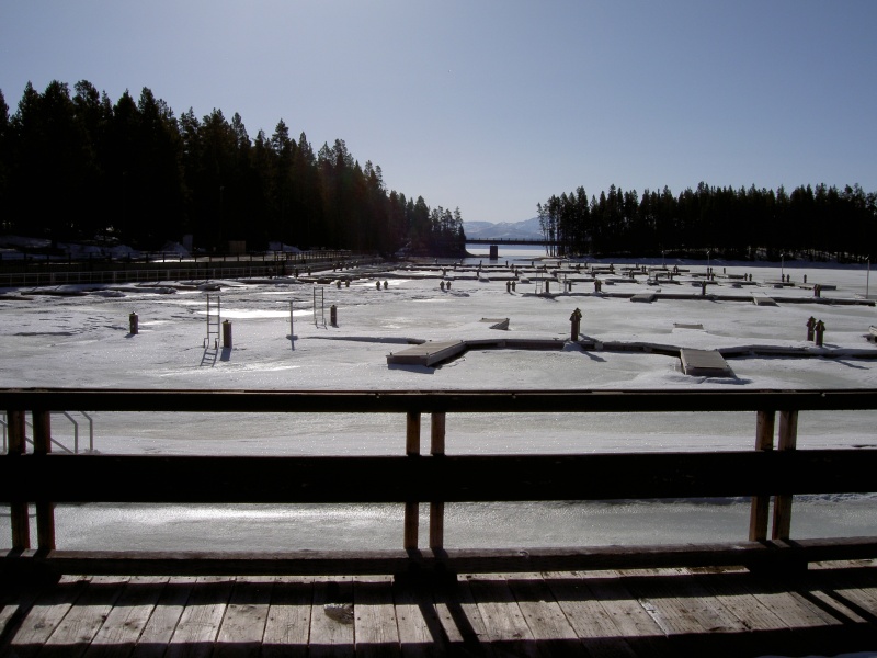 Bridge Bay Marina boat docks, Yellowstone Lake- looking out toward the bridge and exit to main lake 5-17-08