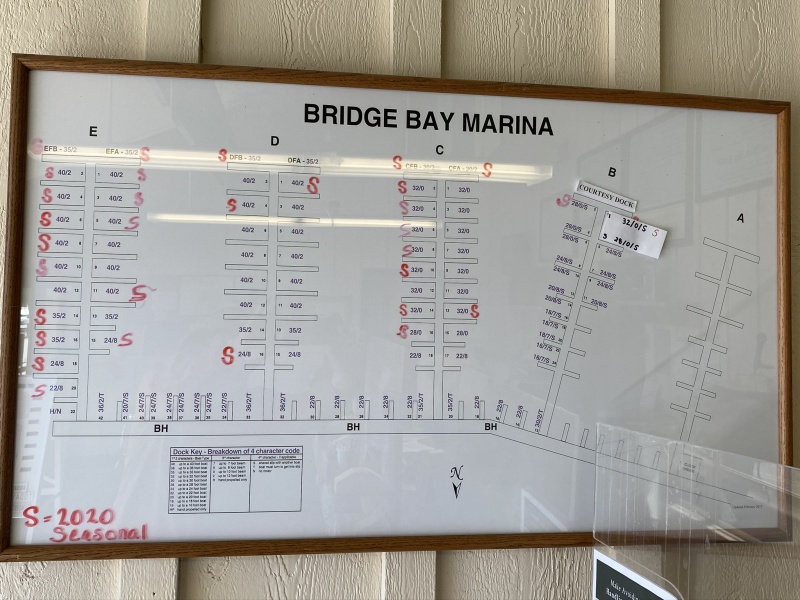 Bridge Bay Marina dock slips.  We are in B-1.