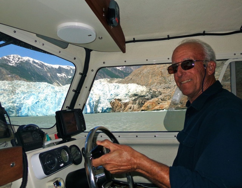 Casey dodging icebergs in Tracy Arm. That's North Sawyer Glacier in the background.