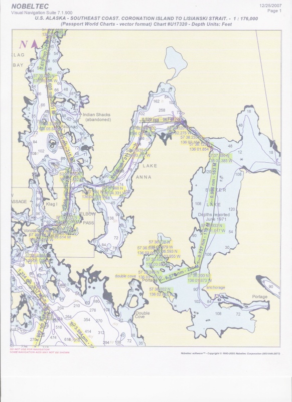 Chart copy of tracks and routes between Elbow Passage and Sister Lake