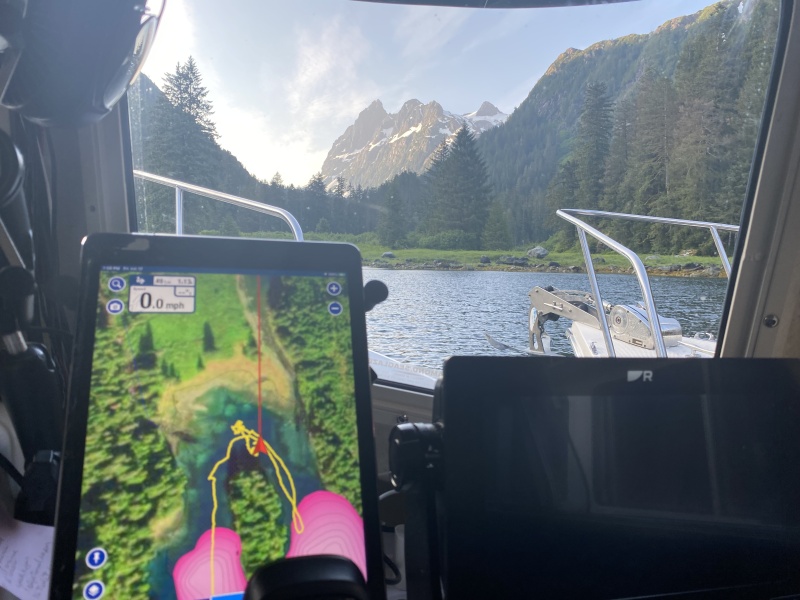 Chart shows tight spot between incoming rivers where anchored in Patterson Bay