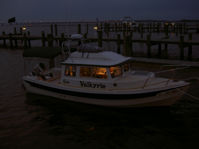 Chesapeake Night.   Note the folded Achilles dinghy strapped to the roof.  A small package for the same inflatable seen in the next picture.  One advantage of a "soft-tail" vs a rigid transom.