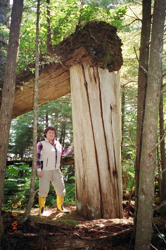 Christy with remains of a Long House Post and Beam.