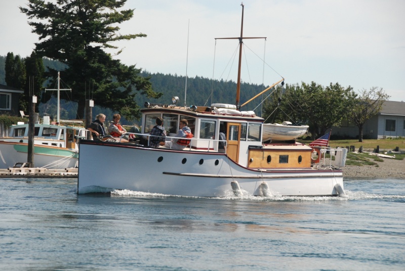 Classic Yacht motoring out of Fishermens Bay, Lopez Island