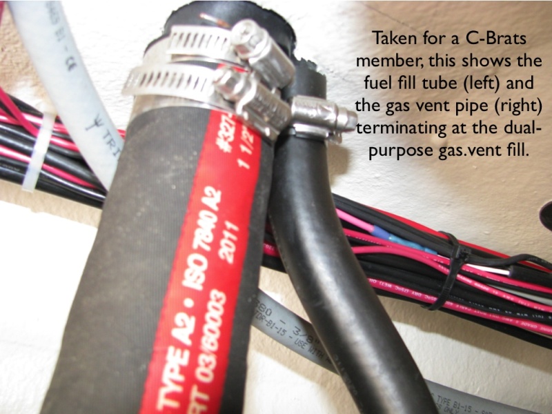 Close up of fuel fill and vent pipes terminating at the the combination fuel fill/vent pipe.