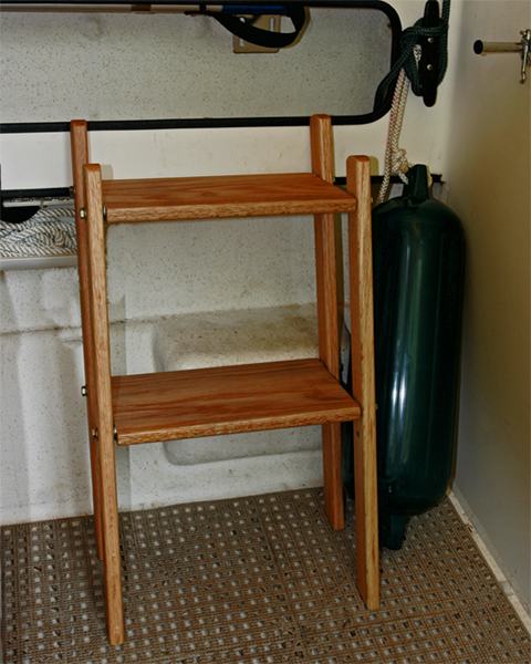 Collapsible oak boarding ladder for my bride is sturdy and stowes compactly.