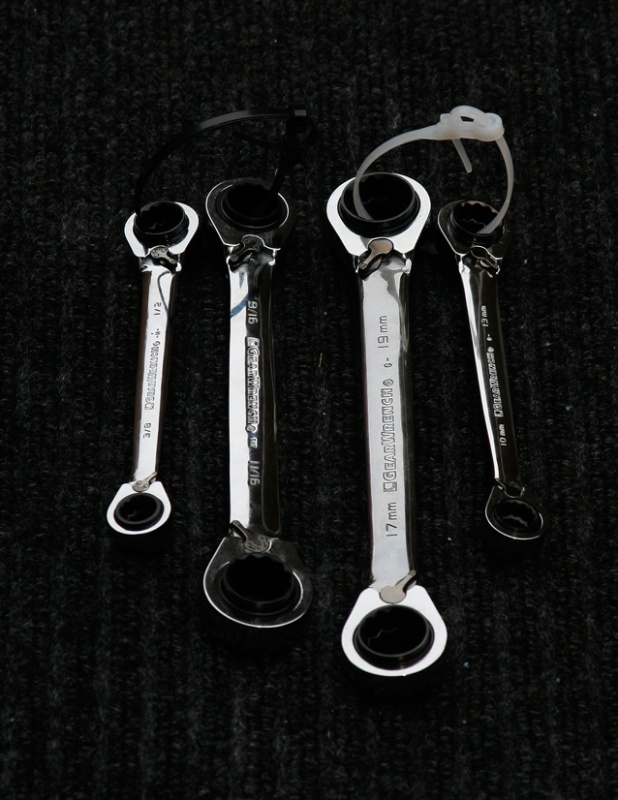 Complete set of most used SAE and Metric Sizes in just 4 box wrenches. These handy reversible wrenches are made by Gear Wrench sold at Lowes, Sears, etc.