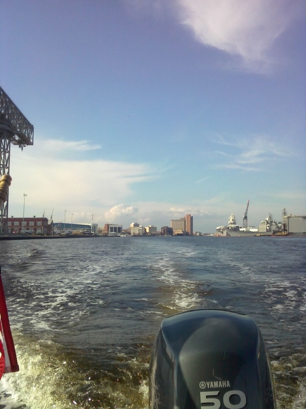 Cruising south on the Elizabeth River past the Naval shipyard.  Portsmouth in the background.