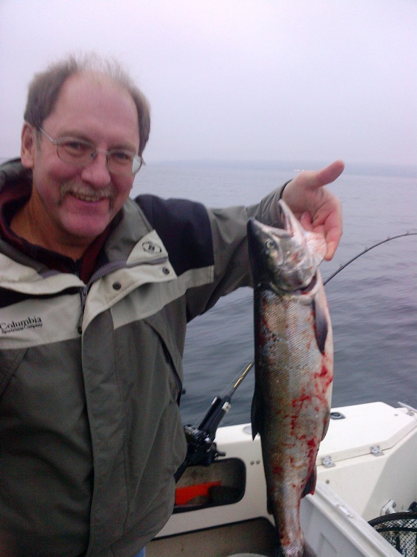 Dave's Chum, caught on a 4" kingfisher cookies & cream spoon in about 70' of water on the bottom.  Chums everywhere at Jeff Head yesterday rolling on the surface with lots of readings on the depth sounder.  Jeff Head Saturday 10/19/13