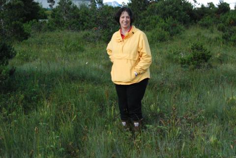 Dee trying out her new ExtraTuf boots in the muskeg, Petersburg
