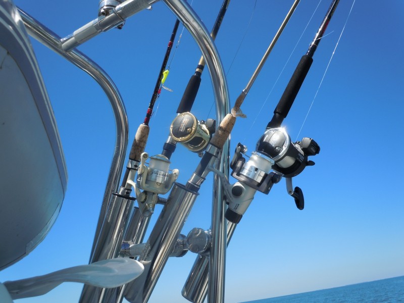 Detail shot of rod holders.  Two trolling and two spinning rigs.