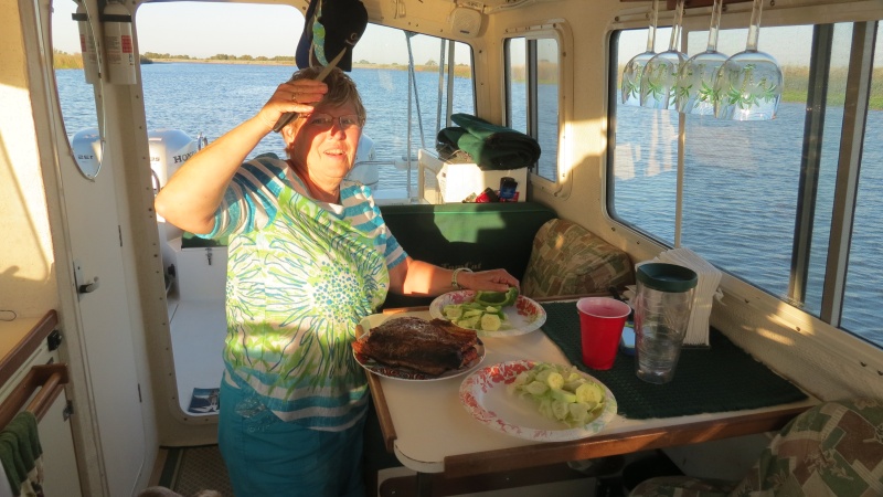 Dixie fixes dinner on the hook in Frank's Tract.